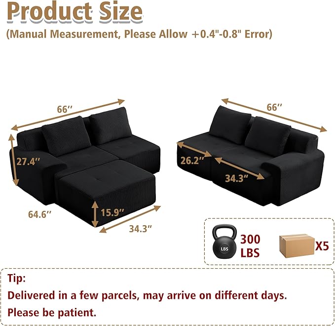 KIGOTY Modular Sectional Sofa Set, 5 PCS Comfy Cloud Sectional Couch with Deep Seat, Sleeper Sofa Bed with Ottoman, Modern Boneless Couch for Living Room, No Assembly Required,Black