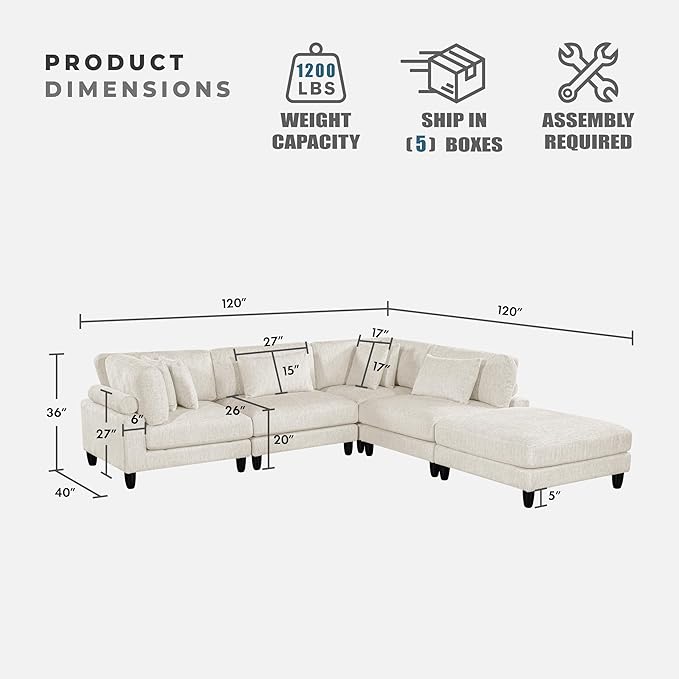 Lexicon 120 Inch Modular Sectional Sofa - Oversized 5 Seater Microfiber L Shaped Sectional Couch with Ottoman, 6 Accent Pillows, and Flexible Arrangement for Modern Living Rooms, Beige