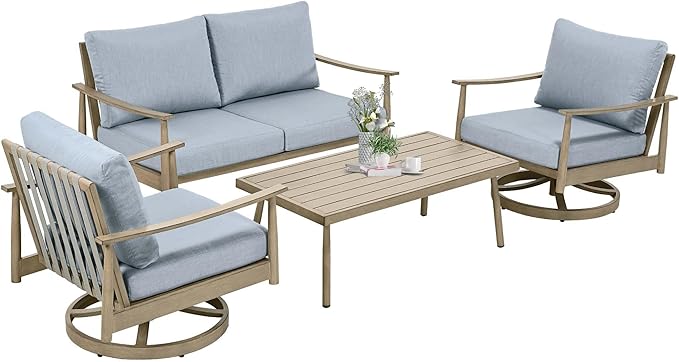 HAPPATIO Patio Outdoor Furniture Set - 4 Piece Aluminum Patio Conversation Set with 1 Coffee Table, 2 Swivel Chairs and 1 Loveseat, Aluminum Outdoor Furniture Set for Backyard Deck Poolside (Brown)