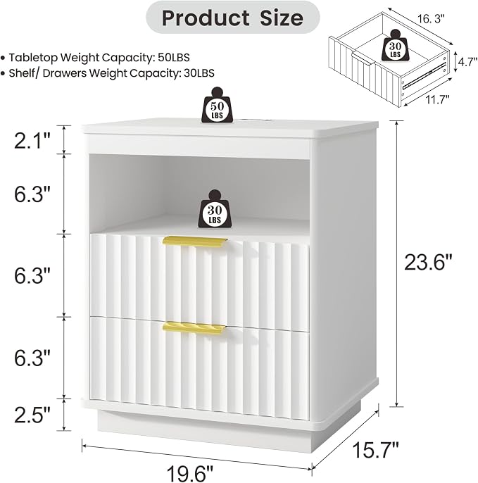 Dystler Nightstand with LED Light, Modern End Side Table with 2 Drawers and Open Storage, Smart Bedside Table with Charging Station & Human Sensor for Bedroom, White - Image 2
