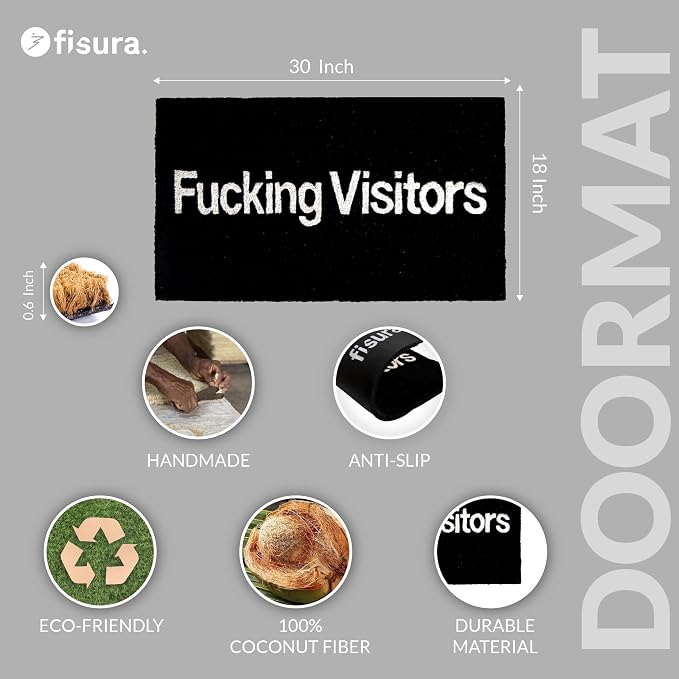 Fisura – Door mat Entrance “F*cking Visitors” Made of Coconut with Non-Slip PVC Backing. Hand-Painted Black Indoor Rug with White Letters. Fun Message Doormat. 30 x 18 inches. - Image 2