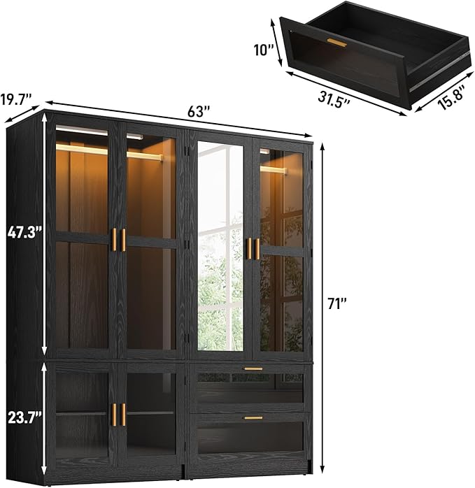 4 Doors Armoire Wardrobe Closet with LED and Mirror,71" H Freestanding Wooden Wardrobe Closet Cabinet for Bedroom w 2 Drawers,Wooden Clothing Storage Cabinet w Hanging Rod,Closets for Bedroom(Black)