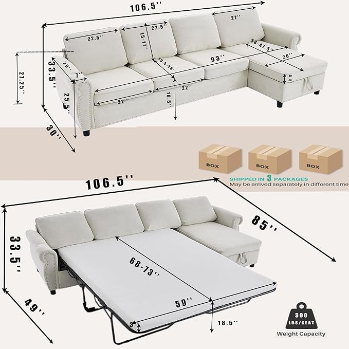 ERYE L-Shaped Reversible Sectional Sofa with Pull Out Queen Memory Mattress Sleeper Bed, 2-in-1 L-Shaped Corner Sectional Couches W/Wireless Charging, Storage Chaise Lounge