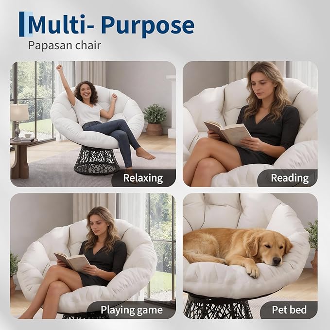 Garvee Papasan Chair, 37" Ergonomic Wicker Papasan Chair with Extra-Thick Soft Fabric Cushion, Heavy-Duty Steel Frame, 360° Swivel Base for Living Room, Bedroom & Reading Nook – White - Black Stand