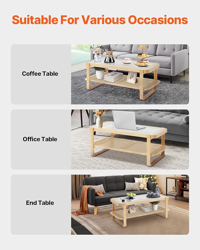 VEVOR Rattan Coffee Table, Rectangle Rattan Woven Wood Coffee Table with Tempered Glass Top, 45-Inch Modern Boho Storage Coffee Table with Natural Wood Legs, for Living Room, Bedroom & Small Spaces