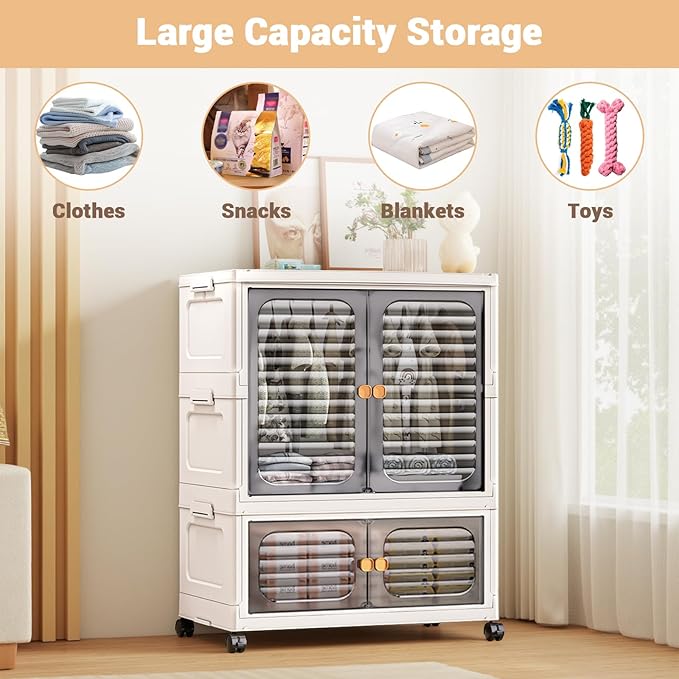 1 Pc Plastic Free Installation Baby Wardrobe Folding Storage Cabinet Multi-Layer Children's Small Wardrobe Household Clothes Storage Box Transparent Gray 60cm Wide Three-Layer with Wheels