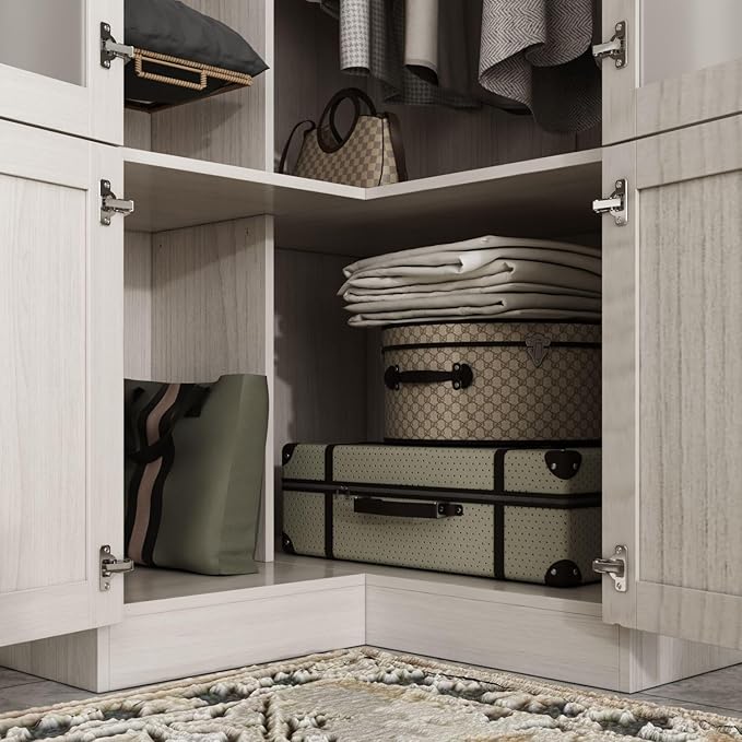 L-Shape Wardrobe Armoire Closet with Hanging Rod & Shelf, Bedroom Armoire with Frosted Glass Doors, Top Cabinets & Gold Knobs, Wood Grain, 35.4”D x 35.4”W x 86.6”H