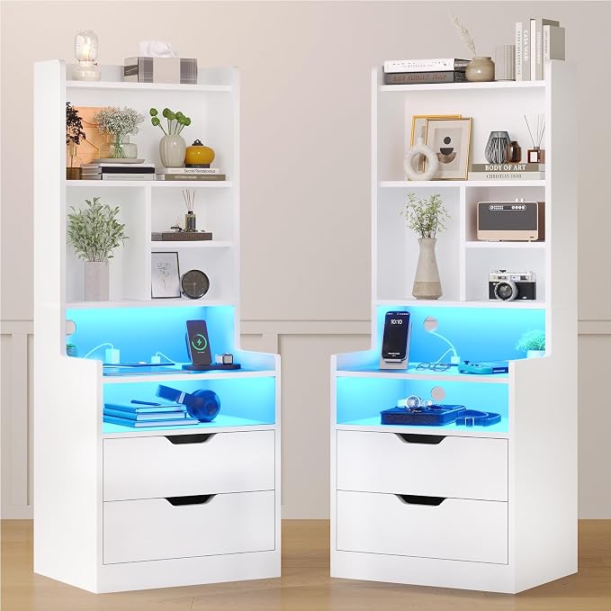 ADORNEVE Tall Nightstand Set of 2,LED Night Stand with Charging Station,Bedside Table with Bookshelf and Drawers,White Side Tables Bedroom,13.8" D x 17.7" W x 50" H by ADORNEVE
