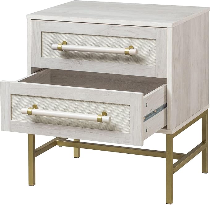 Sophia 2-Drawer Nightstand in Sand Finish with Rattan Fronts, Elegant Gold-Tone Bar Pulls, and Slim Metallic Legs- Ideal Bedroom Furniture for Boho, Transitional, and Modern Interiors - Image 2