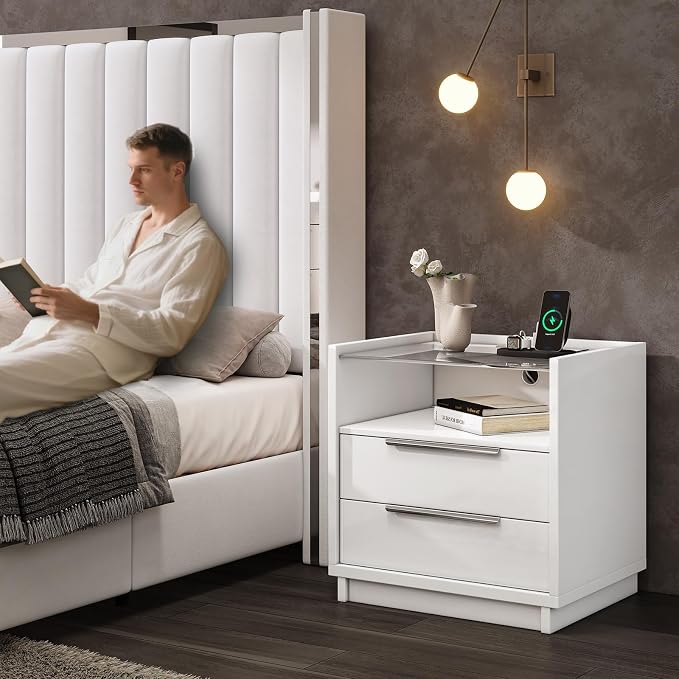AMERLIFE Nightstand Set of 2, 23.6" End Table with Charging Station, Modern High Gloss Bedside Table with Glass Top, Spacious Drawers & Open Shelf, Easy Assembly, Nightstand for Bedroom, White - Image 7