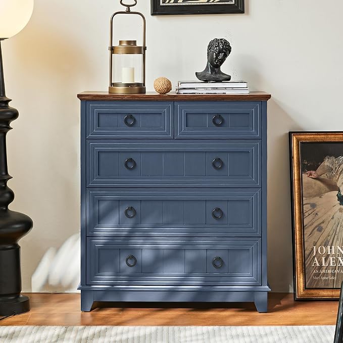 Joaxswe Farmhouse 5 Drawer Dresser for Bedroom Set of 2, 33.2" Tall Small Dressers & Chest of Drawers, Rustic Wood Dresser with Metal Handle, Storage Organizer Closet for Living Room, Hallway,Entryway - Image 2