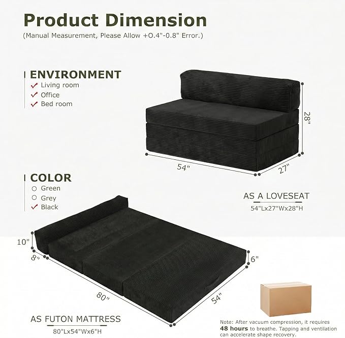 5-in-1 Convertible Sofa Bed, Boneless Couch Loveseat Sleeper with Removable Cushions & Washable Cover, Futon Sofa Bed with Handle, Pull Out Couch for Small Spaces, Full Size, Black