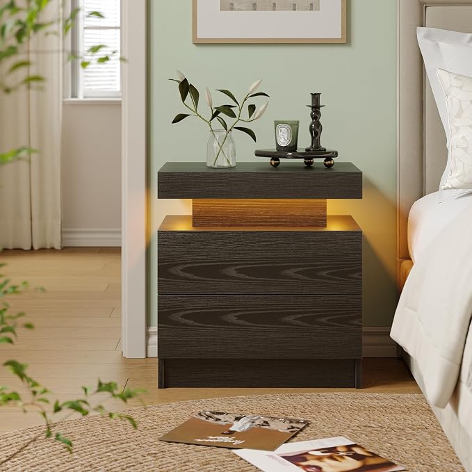 Cubehom Nightstands Set of 2, Bedside Tables with LED Lights, Night Stands with 2 Wood Drawers, End Tables Set of 2 for Living Room/Bedroom - Image 4
