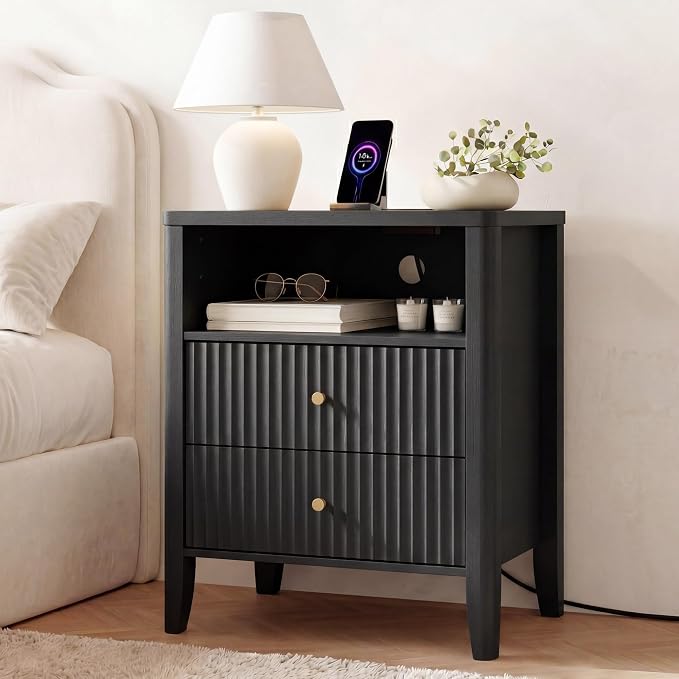 Nightstand with Charging Station, 21" Fluted Bedside Table with 2 Drawers & Open Shelf, Modern End Table with Storage for Bedroom, Black by Unknown