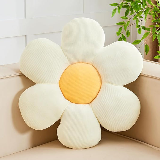 Kcvvcr White Yellow Flower Pillow, 14.9" Cute Flower Shaped Floor Pillow, Aesthetic Floral Plush Daisy Decorative Throw Pillows for Bed Sofa Couch