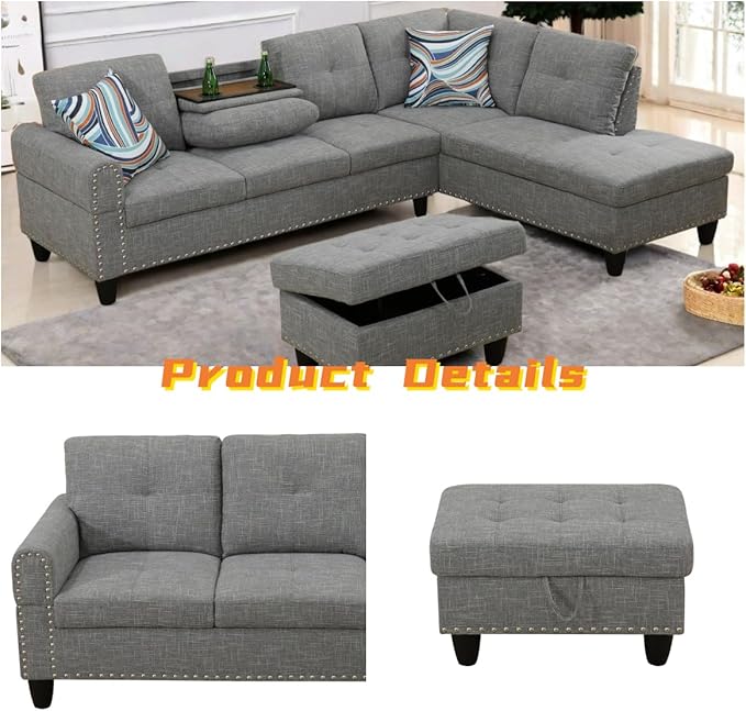 FONTOI L Shaped Sectional Couch with Otttoman, 97" Sectional Sofa for Living Room Flannel Modular Couches with Cup Holders for Bedroom, Apartments, Grey