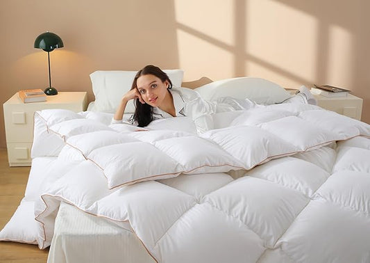 Puffy White Feather Comforter Oversize King with Feathers Down Fiber Filled, All Season Feather Duvet Insert, 100% Cotton Luxury Hotel Collection, 8 Corner Loops