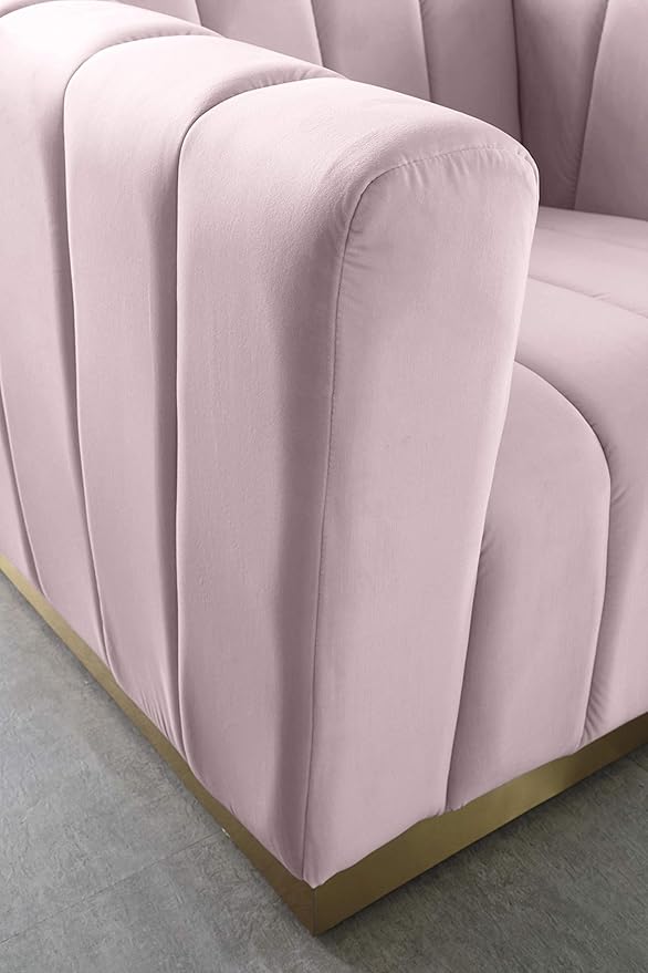 Meridian Furniture 603Pink-S Marlon Collection Modern | Contemporary Velvet Upholstered Sofa with Deep Channel Tufting, Stainless Steel Base in a Brushed Gold Finish, Pink, 86.5" W x 34" D x 28" H