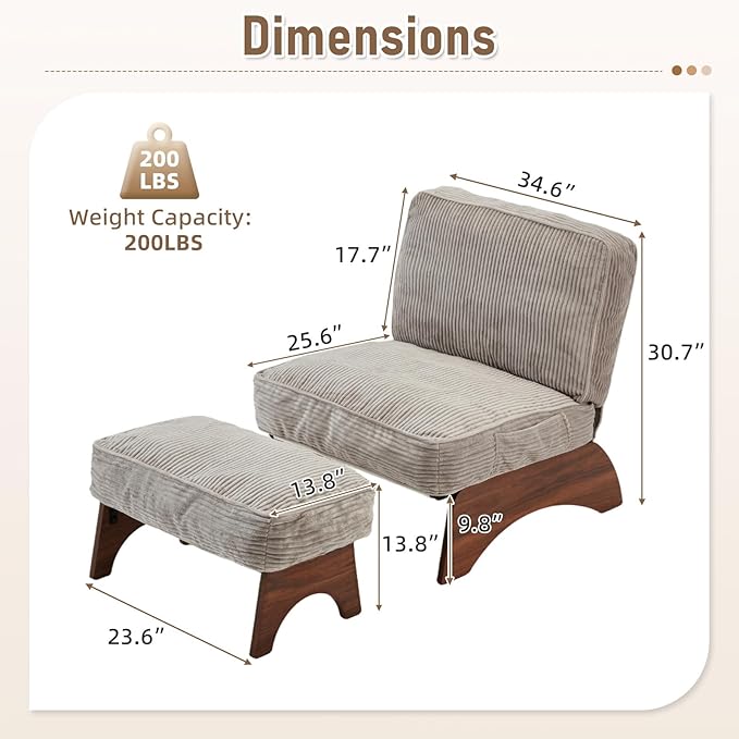 EROMMY Accent Chair with Ottoman, Modern Corduroy Living Room Chair with Adjustable Backrest & Footrest Set, Comfy Reading Chair for Living Room Bedroom Reading Room Guestroom, Gray