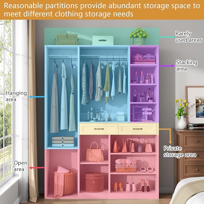 Armoire Wardrobe Closet with 2 Drawers, 81” H Wooden Wardrobe Closet with 10 Storage Shelves and 2 Hanging Rod, White Modern Armoire, Clothing Storage Cabinet Organizer Combination, Bedroom Furniture