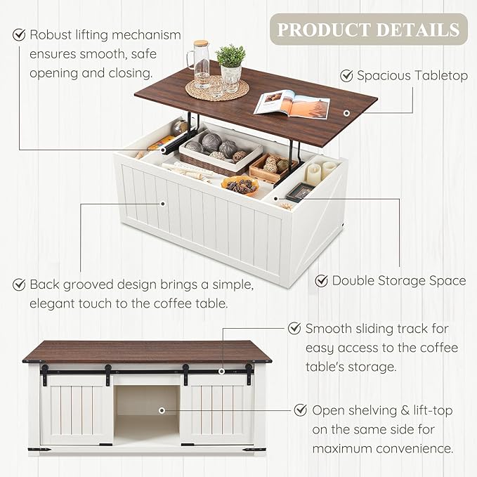 48" Lift Top Coffee Table, Farmhouse Cocktai with Sliding Groove Barn Door, Rustic Wood Center Table w/Double Storage Spaces for Living Room, White