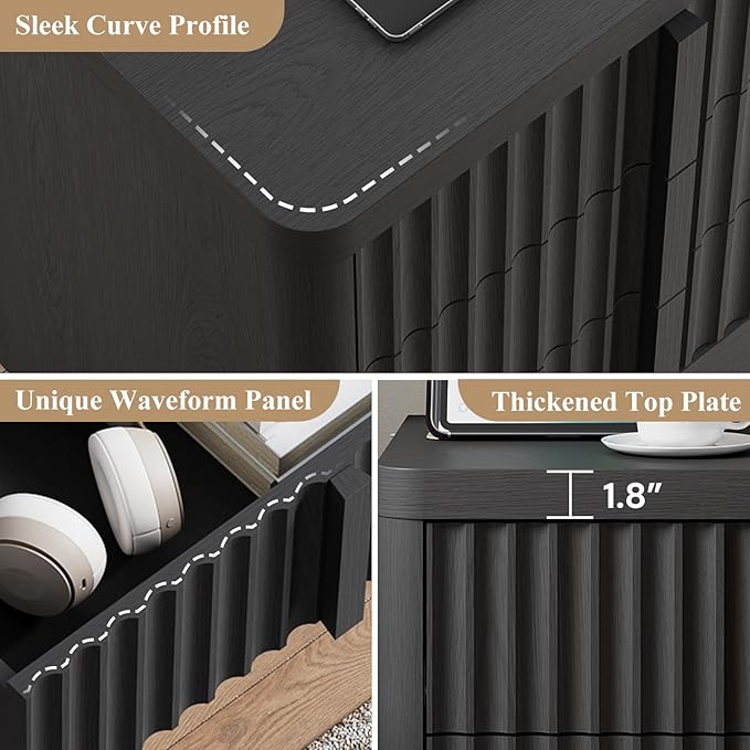 Fluted Dresser and Nightstand 3-Piece Bedroom Set, 49" Tall 6-Drawer Dresser and 2 of 3-Drawer Nightstands with Charging Station, Curved Profile Design, Modern Bedroom Dressers Sets, Black