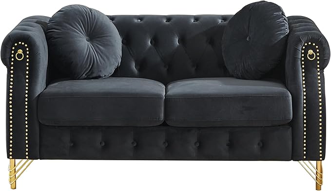 ERYE 60.5-Inch Button Tufted Sofa Couch with 2 Round Pillows, 2 Seat Velvet Tufted Sofa Compact Chesterfield Loveseat Couches W/Nailhead Decor,Ring Accent & Golden Legs