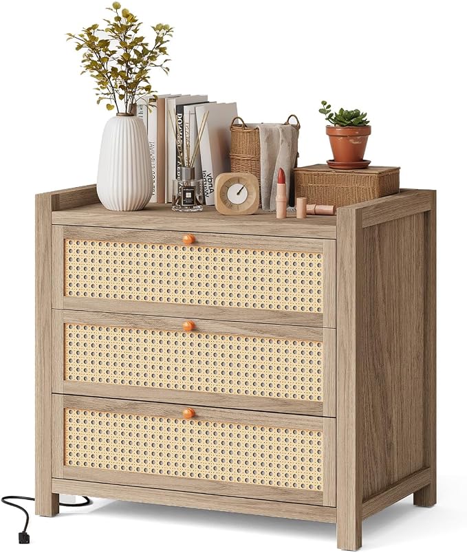 LGHM Large Night Stand with 3 Drawers, Nightstand for Bedroom with Type-C Charging Station, Boho Bed Side Table with Drawers,30" W End Table for Bedroom, Living Room,Natural by WelcometoLGHMHome