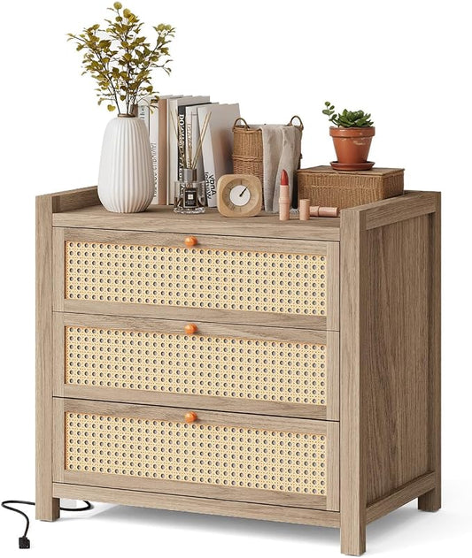 LGHM Large Night Stand with 3 Drawers, Nightstand for Bedroom with Type-C Charging Station, Boho Bed Side Table with Drawers,30" W End Table for Bedroom, Living Room,Natural by WelcometoLGHMHome