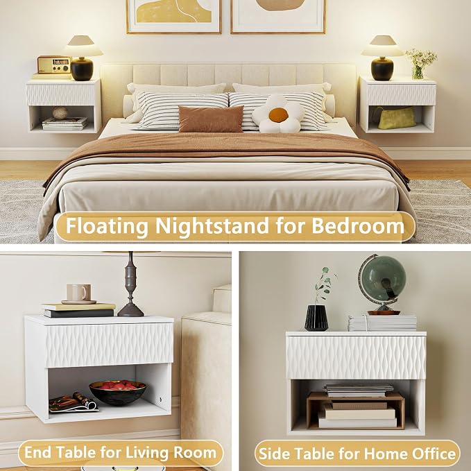 Vibe & Dine Floating Nightstand Set of 2, Wall Mounted Night Stand with Wavy Pattern Design, Modern Bedside Tables with Drawers for Bedroom, Easy Assembly, White - Image 6