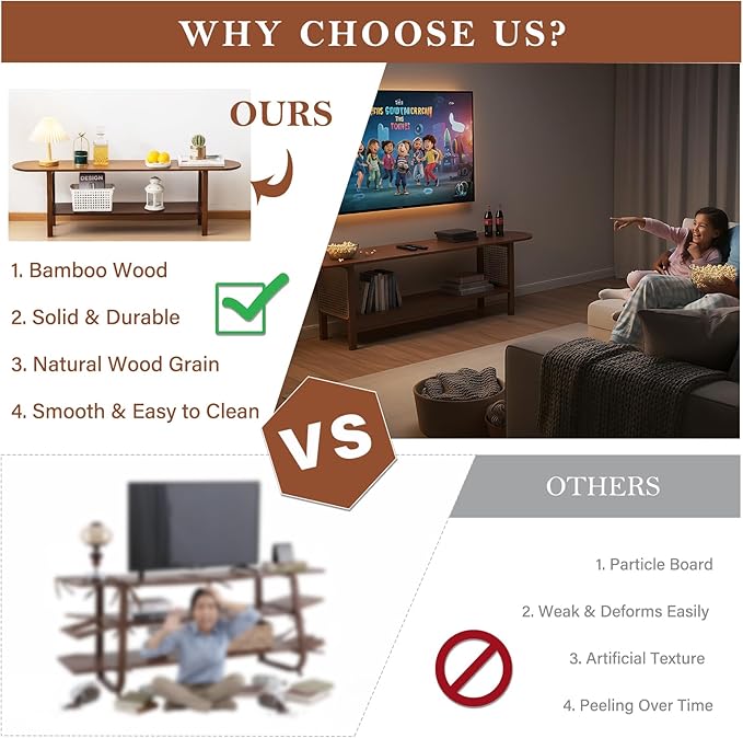 Tiita TV Stand with Storage for TVs up to 65'', Bamboo TV Console Entertainment Center with 2 Open Shelf, Mid Century Modern Media Console for Living Room, Bedroom, Walnut - Image 4