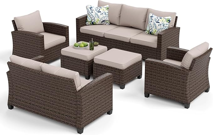 Patio Furniture Set, 6 Pcs Wicker Outdoor Conversation Set, 2 x Leg Chairs, 1 x 3 Seater Sofa, 1 x 2-Seat Lover Sofa and 2 x Ottomans with 4" Thick Cushion for Garden Backyard Deck, Beige