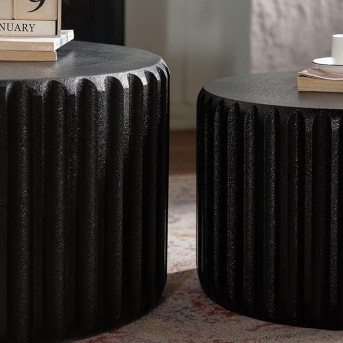 kevinplus 46.46'' White Round Coffee Table Set of 2, Modern Circle Fluted Drum Nesting Elegnant Coffee Table for Living Room, No Assembly, Black