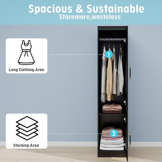 Wooden Armoire Wardrobe Closet：Modern Armoire Wardrobe Closet with Single Door and Hanging Rod, Large Capacity Clothes Storage Cabinet with Mirror for Bedroom Home, Black