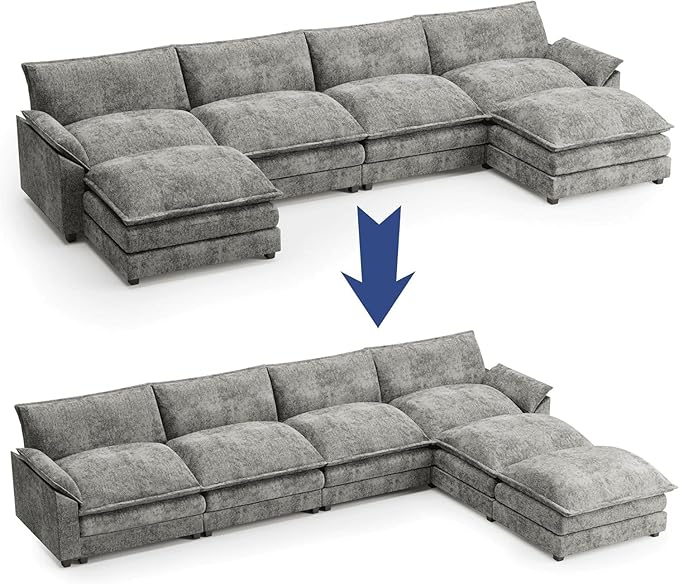 Shahoo Sectional Modular Sofa U Shaped Chenille Fabric Couch with High Supportive & Soft Sponges and Removable Ottoman, Sleeper Comfy Upholstered Furniture for Living Room, Dark Grey