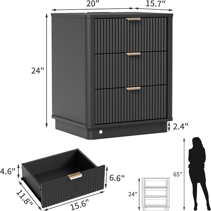 Led Fluted Nightstand, Smart Curved Night Stand with Charging Station Lighting, Wood End Table with 3 Drawers, Modern Side Table Storage Cabinet for Bedroom Office,(1, Black) - Image 2