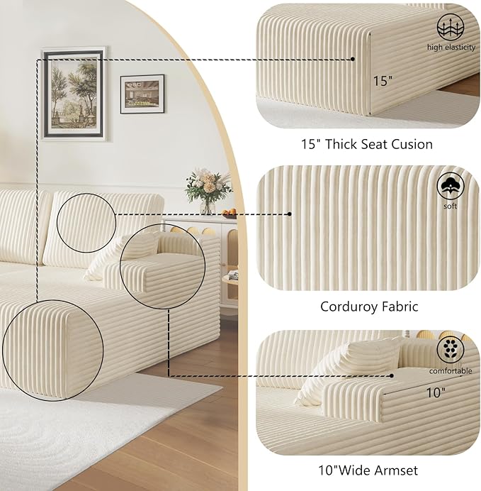 106" Boneless Couches for Living Room, Modular Sectional Sofa, L-Shape Sofa Couches,Cloud Couch Sectional, Comfy Corduroy Sofa, with Deep Seat, No Assembly Required (Beige, Loveseat Chaise)