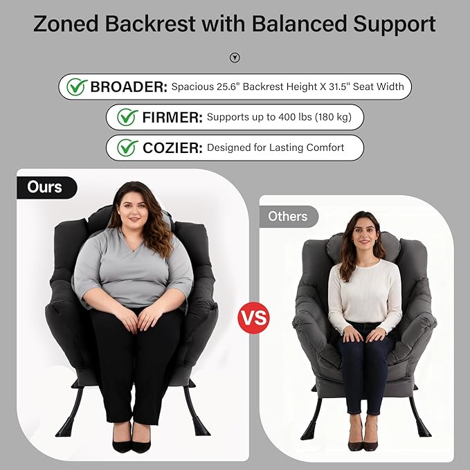 Lazy Chair with Ottoman, Modern Accent Chair with Lumbar Pillow, Black Sofa, Armchairs with Folding Footrest, Oversized Supportive Chairs for Bedroom, Reading