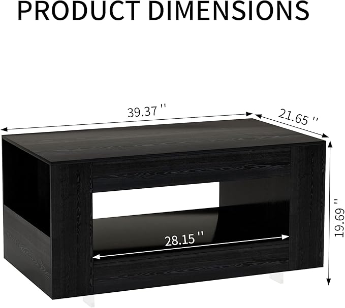 39" Wood Coffee Table for Living Room, Sides Storage with Transparent Legs, Minimalist Modern 2-Tier Storage Shelf Center Table for Home Office, Apartment, Black