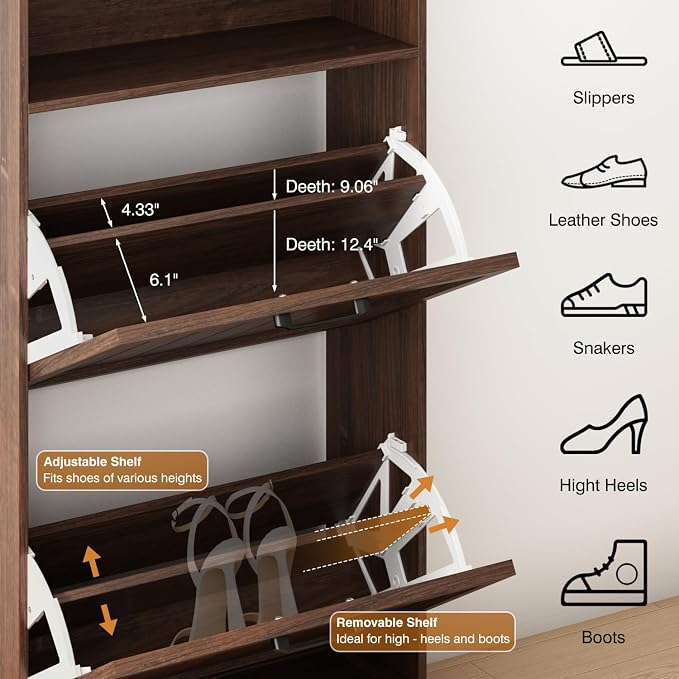 Shoe Storage Cabinet with 2 Flip Drawers, 24" W Farmhouse Modern Hidden Shoes Rack Cabinet with Adjustable Shelves & Open Storage, Narrow Slim Shoe Organizer for Front Door Entrance, Entryway, Walnut - Image 3