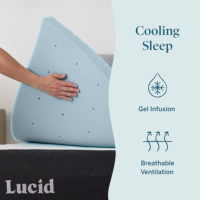 Lucid 2 Inch Memory Foam Mattress Topper, Queen Size – Cooling Gel Bed Topper – Pressure-Relieving Plush Feel – Ventilated Breathable Design – CertiPur Certified - Dorm Essentials