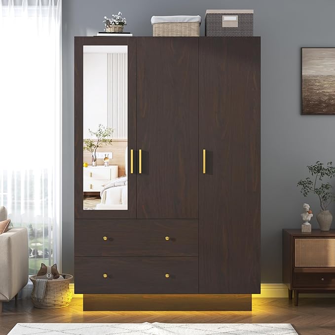 chartustriable 3 Doors Armoire Wardrobe Closet with Mirror, LED Armoire with Doors and Drawers, Wooden Wardrobe Storage Cabinet with Hanging Rod, Adjustable Shelves, Brown