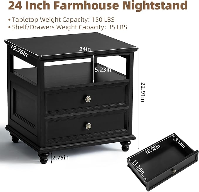 Joaxswe 24" Wide Farmhouse Night Stand Set of 2,Large End Table with 2 Drawers & Metal Handle,Black Wood Dresser for Bedroom, Bed Side Table Chest of Drawers Cabinet, Nightstand for Living Room,Closet - Image 3