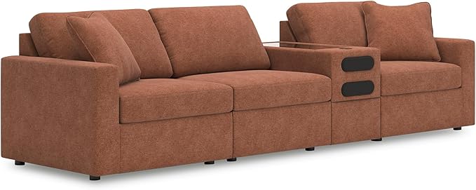 Signature Design by Ashley Modmax Urban Modular Stain Resistant 4-Piece Sectional with Audio Console, Drawer Storage, USB Ports and 2 Accent Pillows, Orange