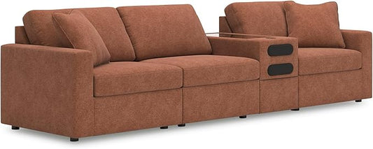 Signature Design by Ashley Modmax Urban Modular Stain Resistant 4-Piece Sectional with Audio Console, Drawer Storage, USB Ports and 2 Accent Pillows, Orange