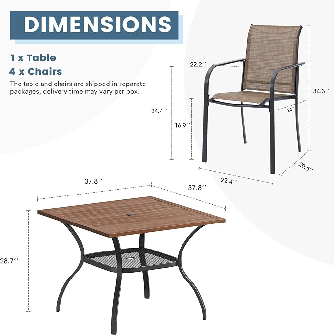 DIFY 5 Pieces Outdoor Dining Table Chair Set, Patio Dining Set with 1 Walnut Square Curved Legs Table with and Umbrella Hole & 4 Brown Stackable with Armrests Chairs for Lawn, Garden, Porch - Image 2