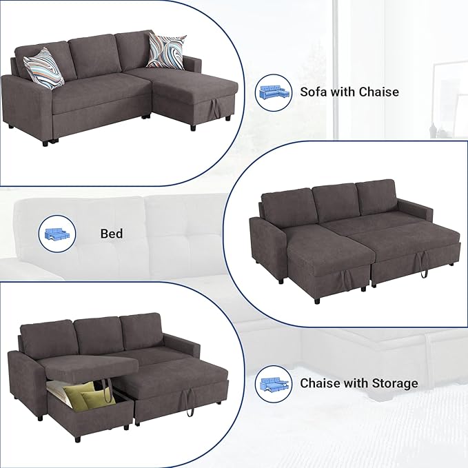 Rovibek 83" Convertible Sofa Bed Couch with Storage - 4 in 1 L Shaped Sofa with Pull Out Couch Bed for Living Room, Apartment, Office, Small Spaces, Coffee