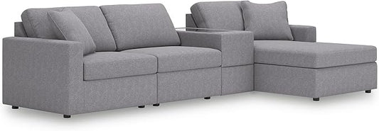 Signature Design by Ashley Contemporary Modmax Stain Resistant L-Shape Right-Arm Facing 4-Piece Sectional with Chaise and Storage Console, Gray