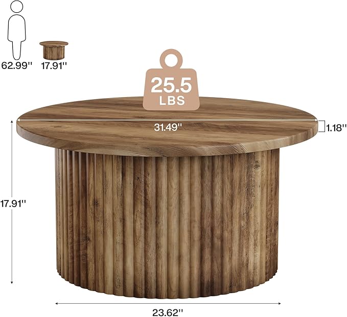 Tribesigns Round Coffee Table, 31.5" Farmhouse Circle Center Table with Fluted Drum Base & Wooden Grain Veneer Top, Modern Wooden Accent Cocktail Table for Small Space, Living Room, Apartment