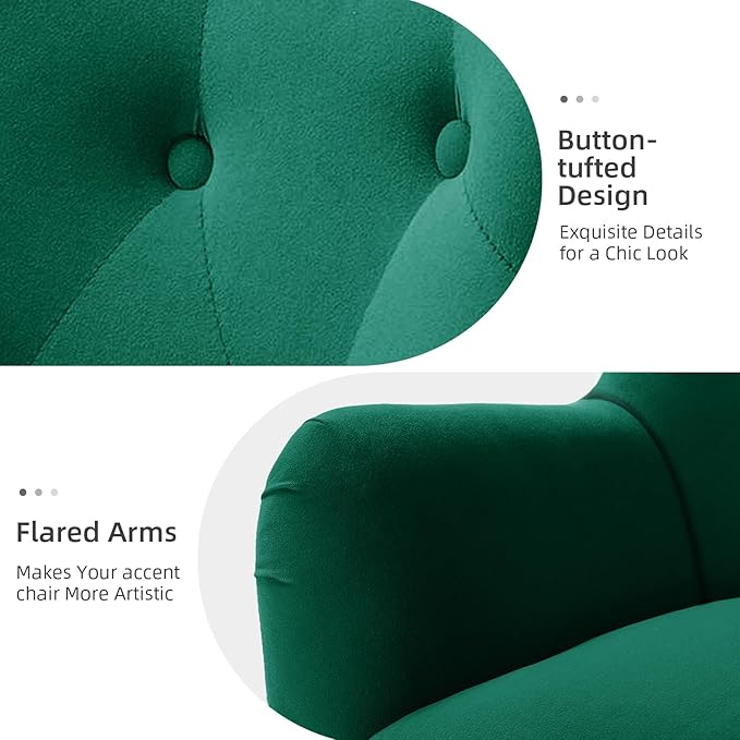 HULALA HOME Velvet Accent Chair Set of 2, Modern Wingback Arm Chair with Metal Gold Legs, Velvet Tufted Upholstered(Green)